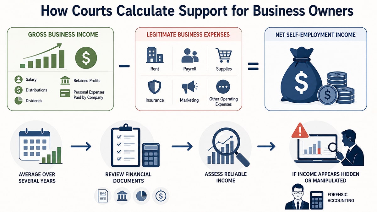 Vector infographic showing how courts calculate child support for self-employed business owners using income and expenses.